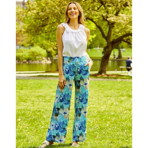 Sara Campbell Printed Merritt Pant Blue Floral Wide Leg Pull On Elastic Small - Picture 1 of 7